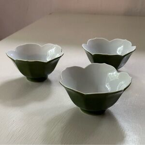 VTG Japan Glazed Porcelain Tribute Lotus Bowl Pottery Set of 3 Emerald Green